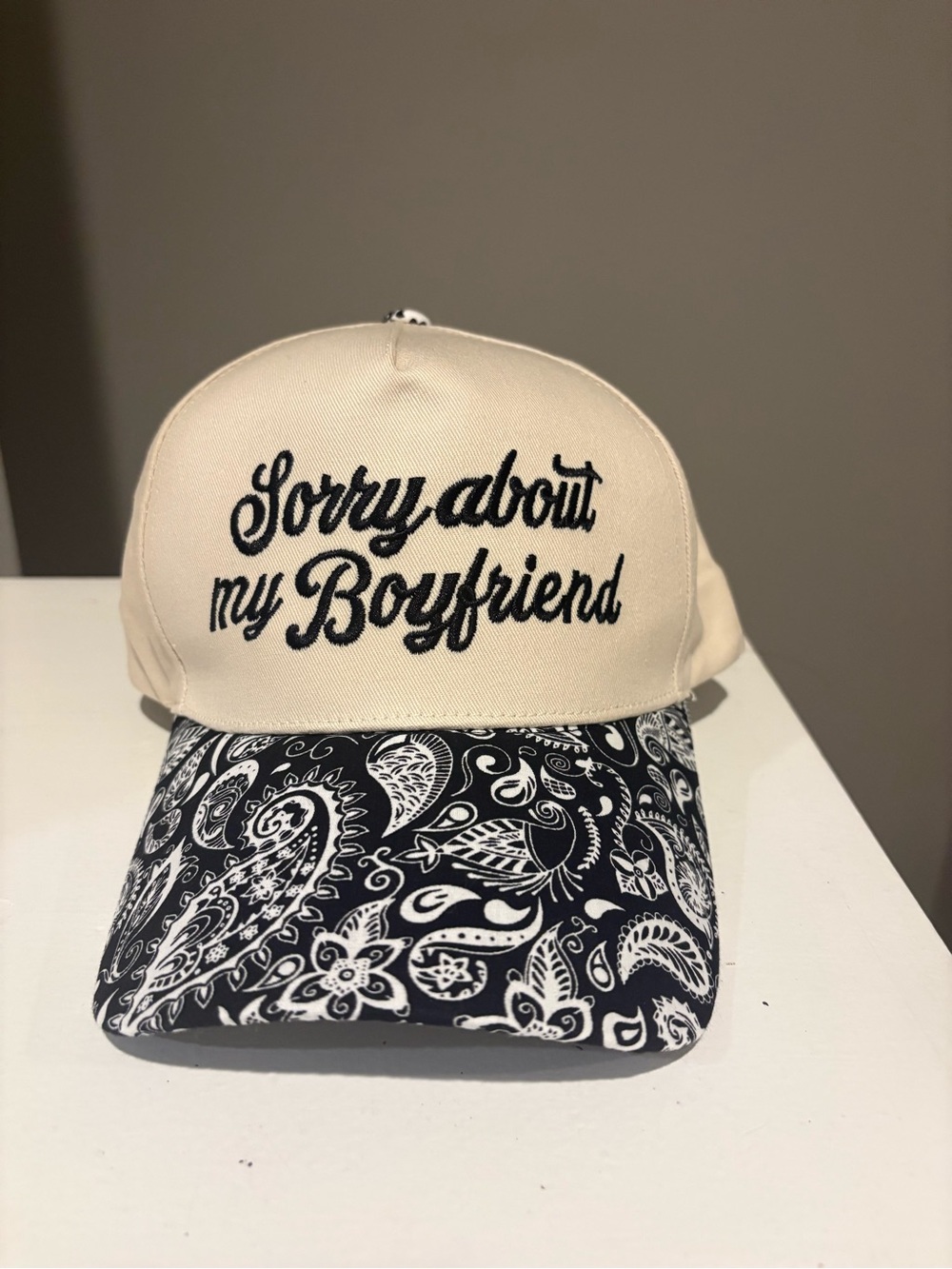 Trucker Cream Baseball Cap with Black Embroidered Script and Paisley Brim